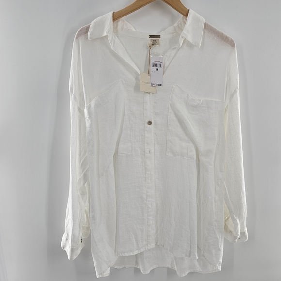 Magaschoni Long Sleeve White 100% LInen Button Up Shirt w/Pockets Size Medium
